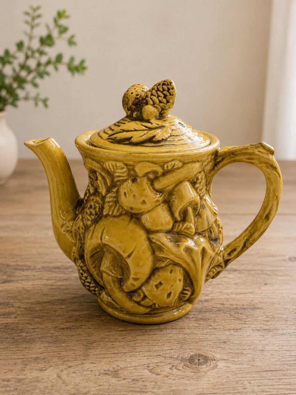 Vintage 1970s Japan Mushroom Pine Cone Teapot Mustard Yellow Ceramic Kitsch